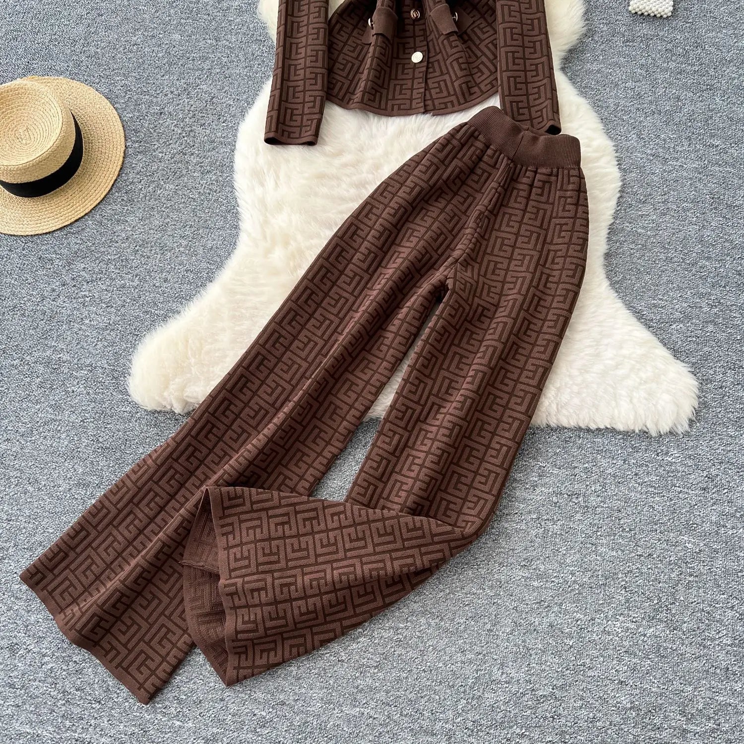 Two Piece Pant Set Turn Down Collar With High Elastic Waist Y2K Streetwear Elegant - SN Wigs & More