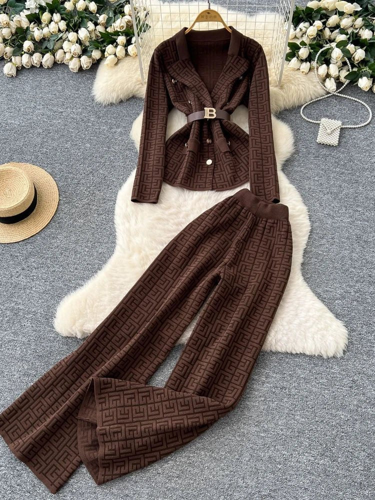 Two Piece Pant Set Turn Down Collar With High Elastic Waist Y2K Streetwear Elegant - SN Wigs & More