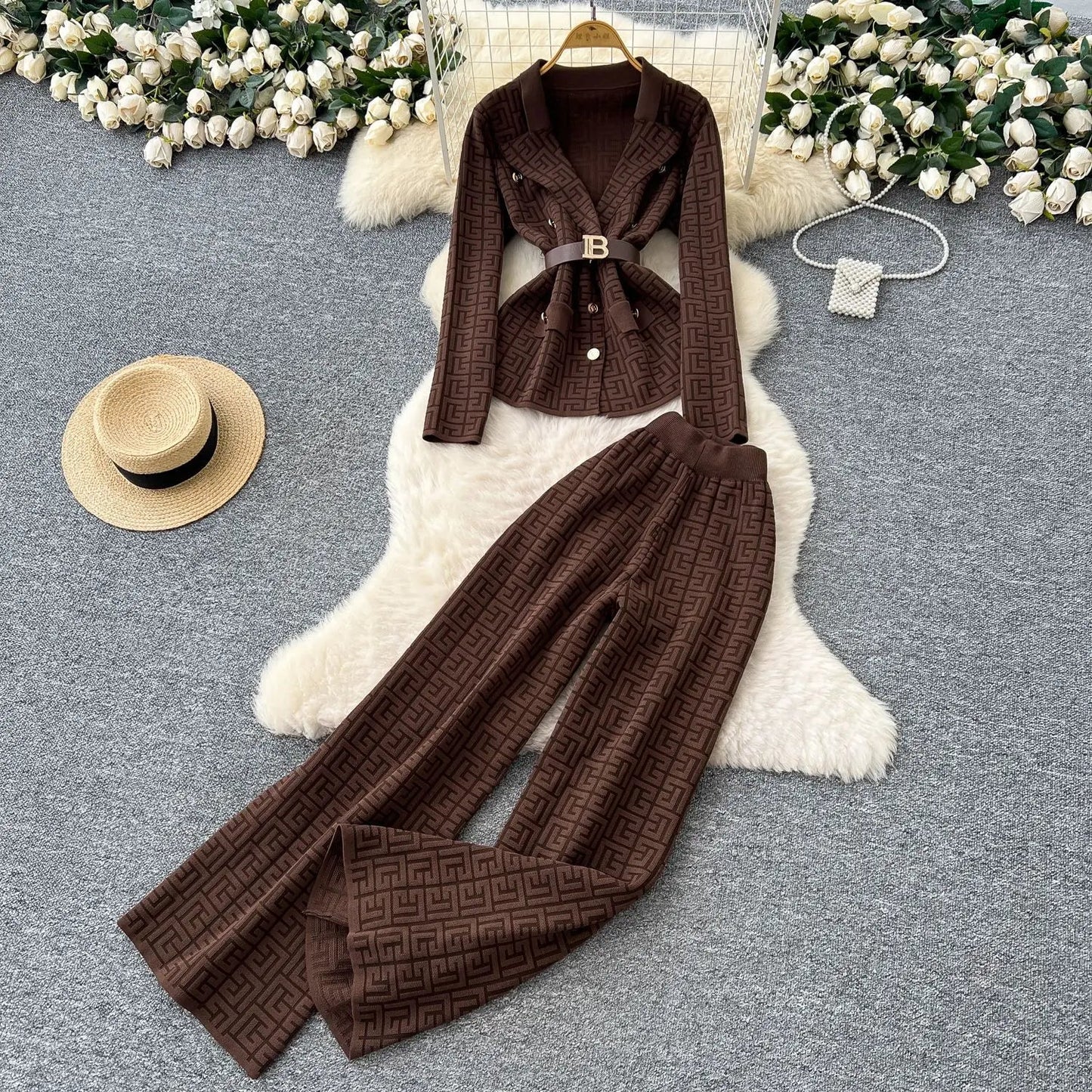 Two Piece Pant Set Turn Down Collar With High Elastic Waist Y2K Streetwear Elegant - SN Wigs & More