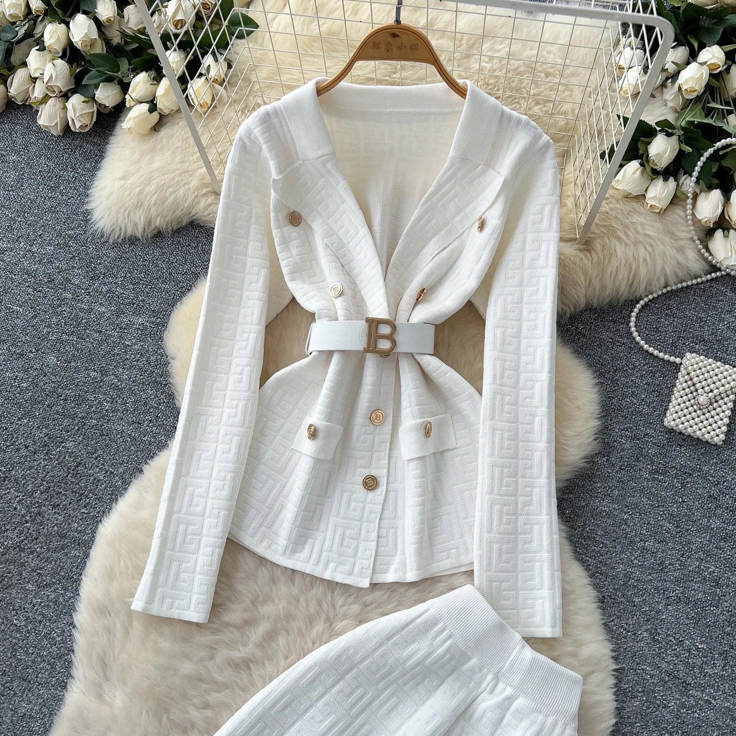 Two Piece Pant Set Turn Down Collar With High Elastic Waist Y2K Streetwear Elegant - SN Wigs & More