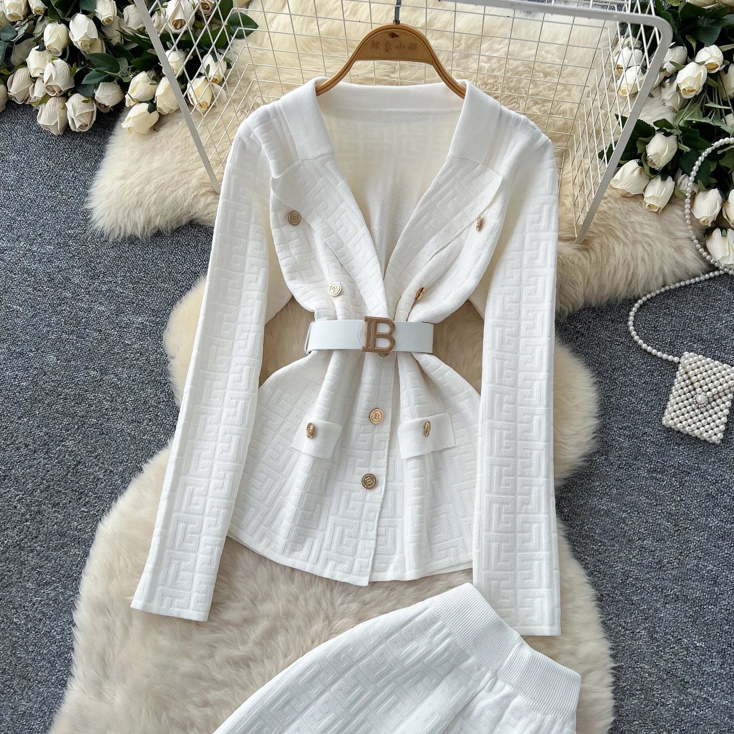 Two Piece Pant Set Turn Down Collar With High Elastic Waist Y2K Streetwear Elegant - SN Wigs & More