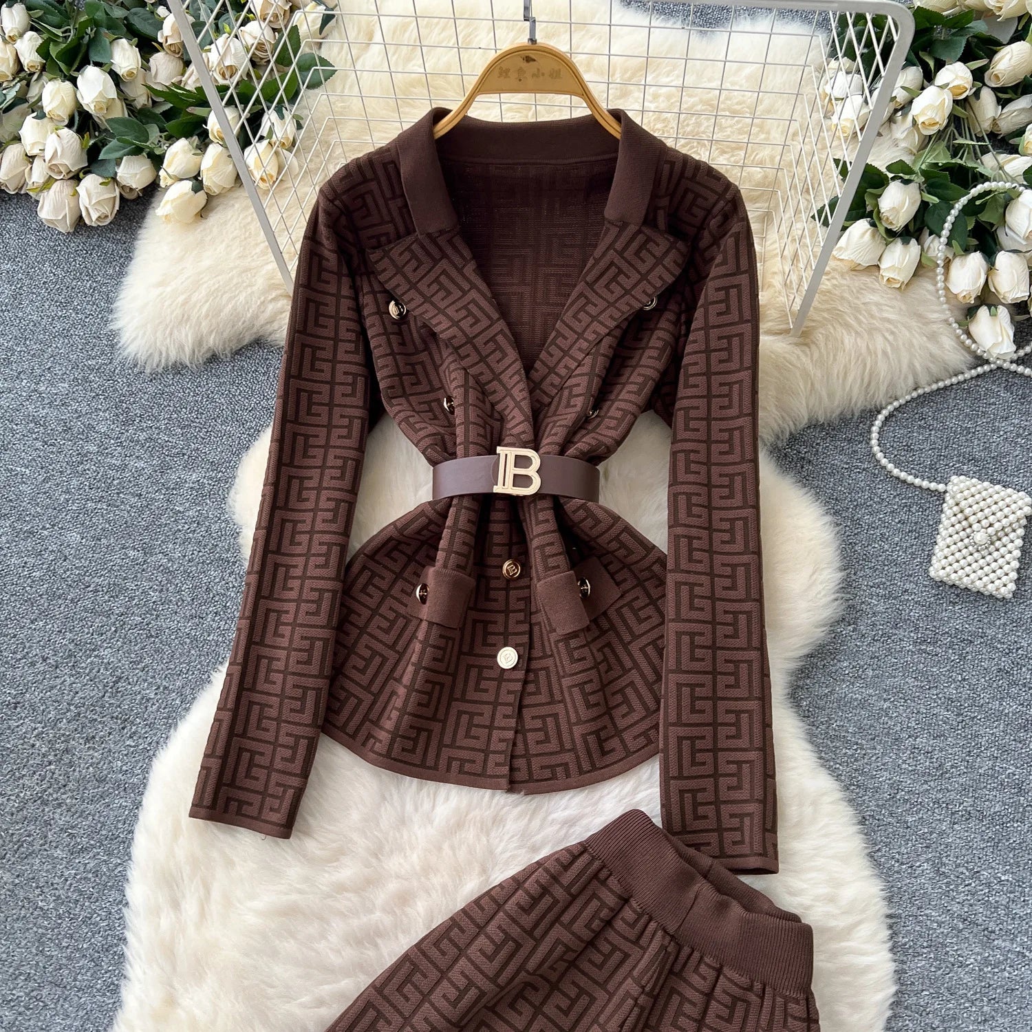 Two Piece Pant Set Turn Down Collar With High Elastic Waist Y2K Streetwear Elegant - SN Wigs & More