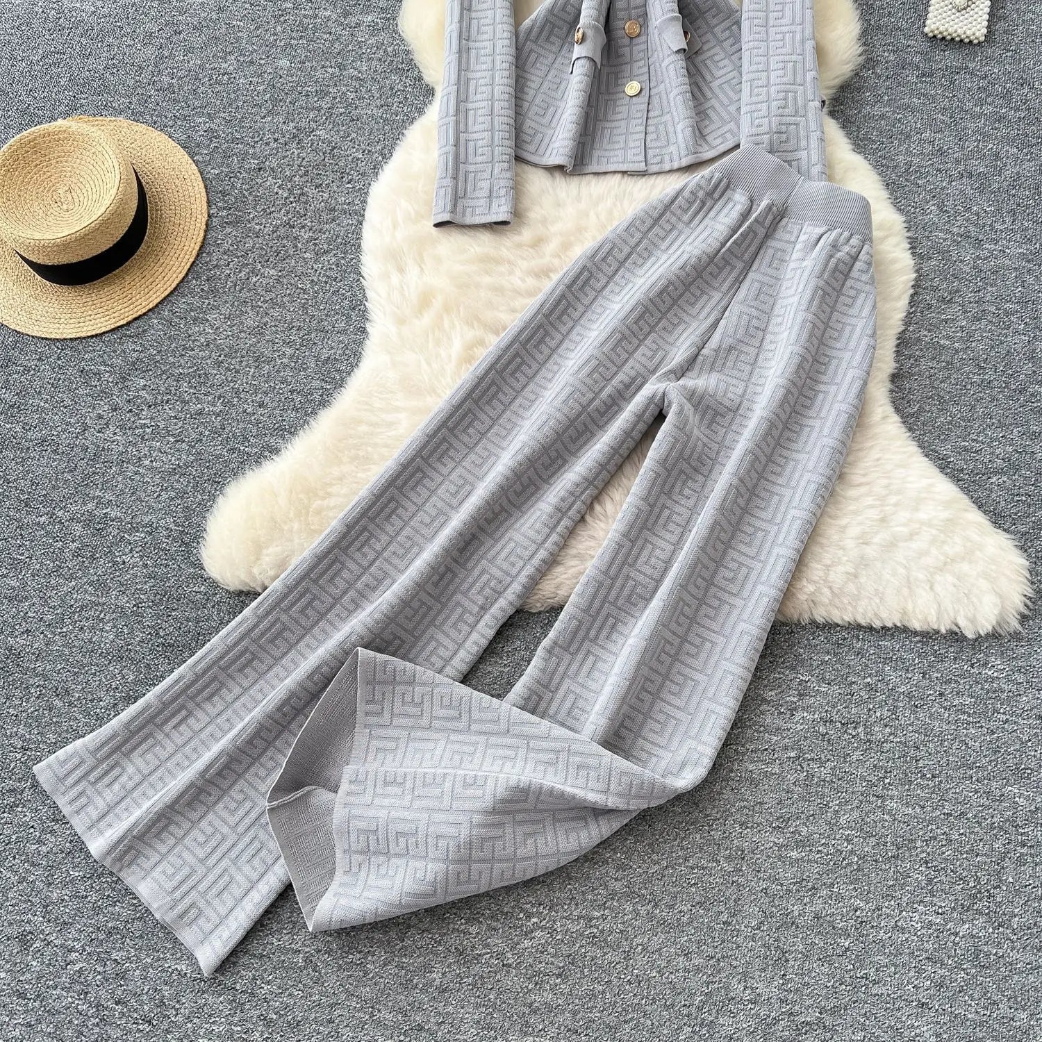 Two Piece Pant Set Turn Down Collar With High Elastic Waist Y2K Streetwear Elegant - SN Wigs & More