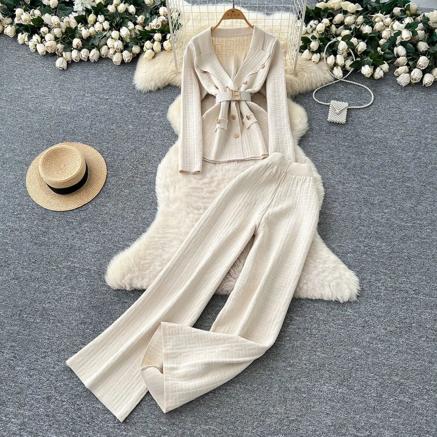 Two Piece Pant Set Turn Down Collar With High Elastic Waist Y2K Streetwear Elegant - SN Wigs & More