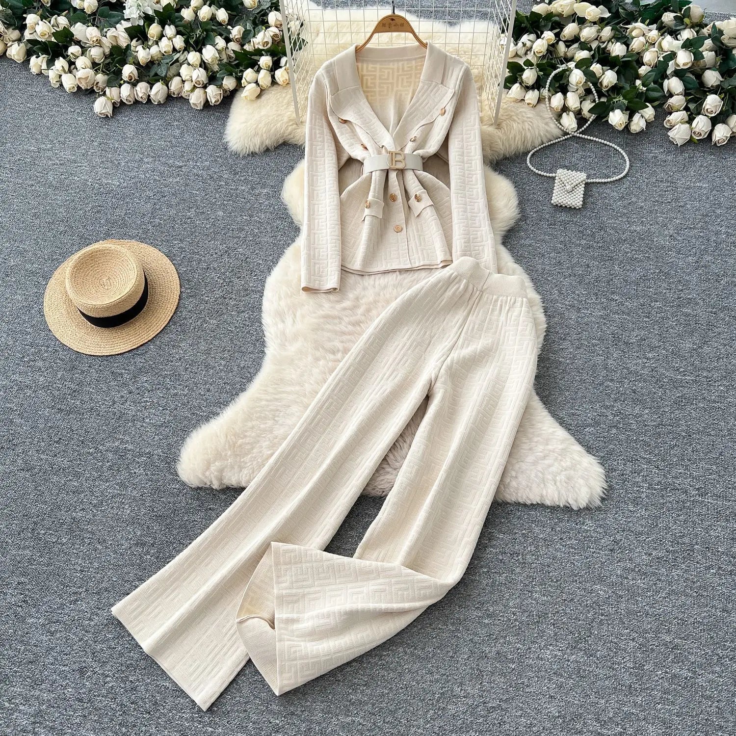 Two Piece Pant Set Turn Down Collar With High Elastic Waist Y2K Streetwear Elegant - SN Wigs & More