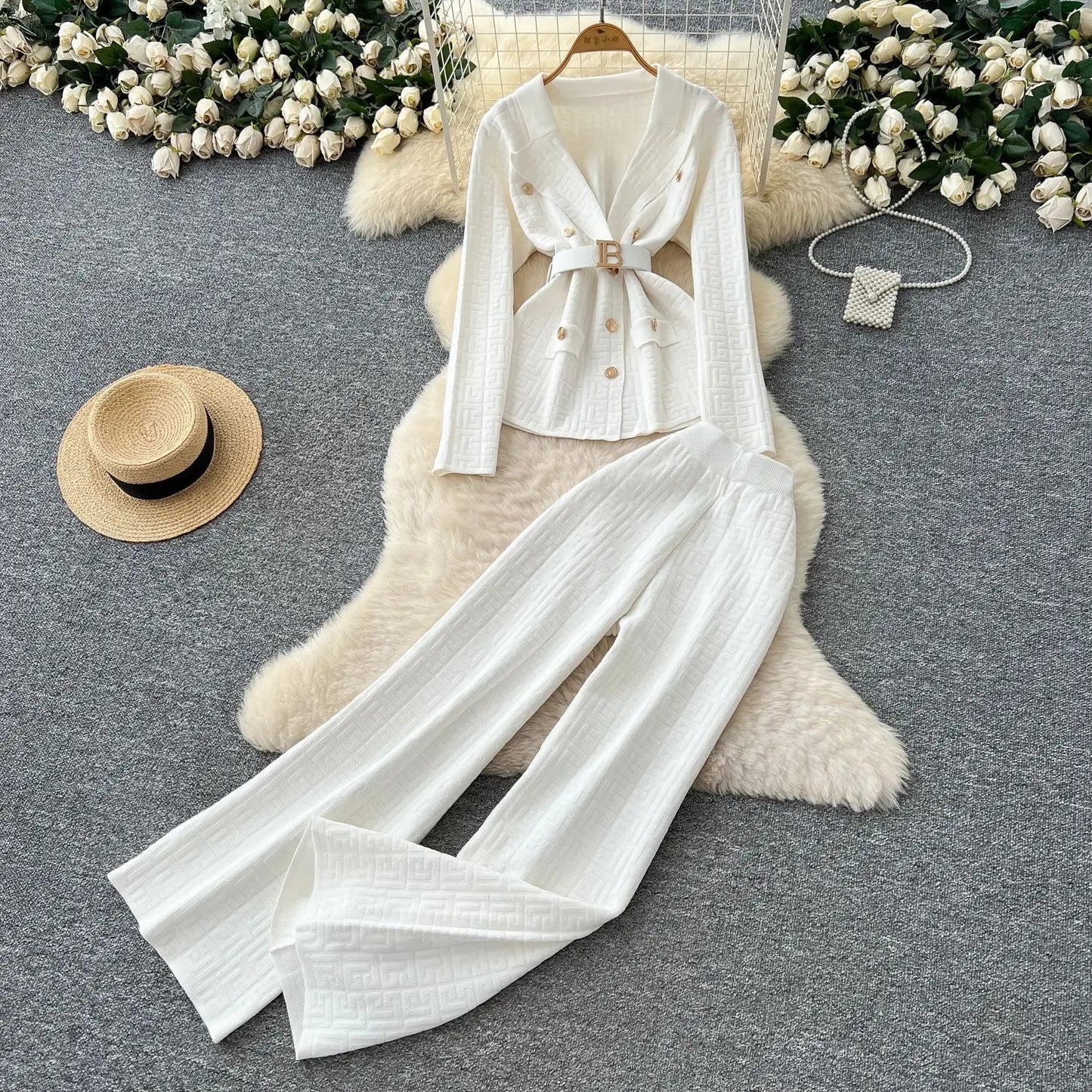 Two Piece Pant Set Turn Down Collar With High Elastic Waist Y2K Streetwear Elegant - SN Wigs & More