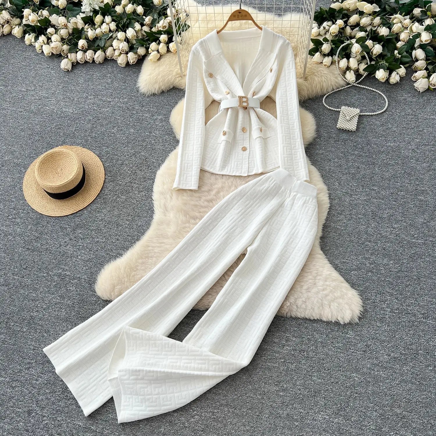 Two Piece Pant Set Turn Down Collar With High Elastic Waist Y2K Streetwear Elegant - SN Wigs & More