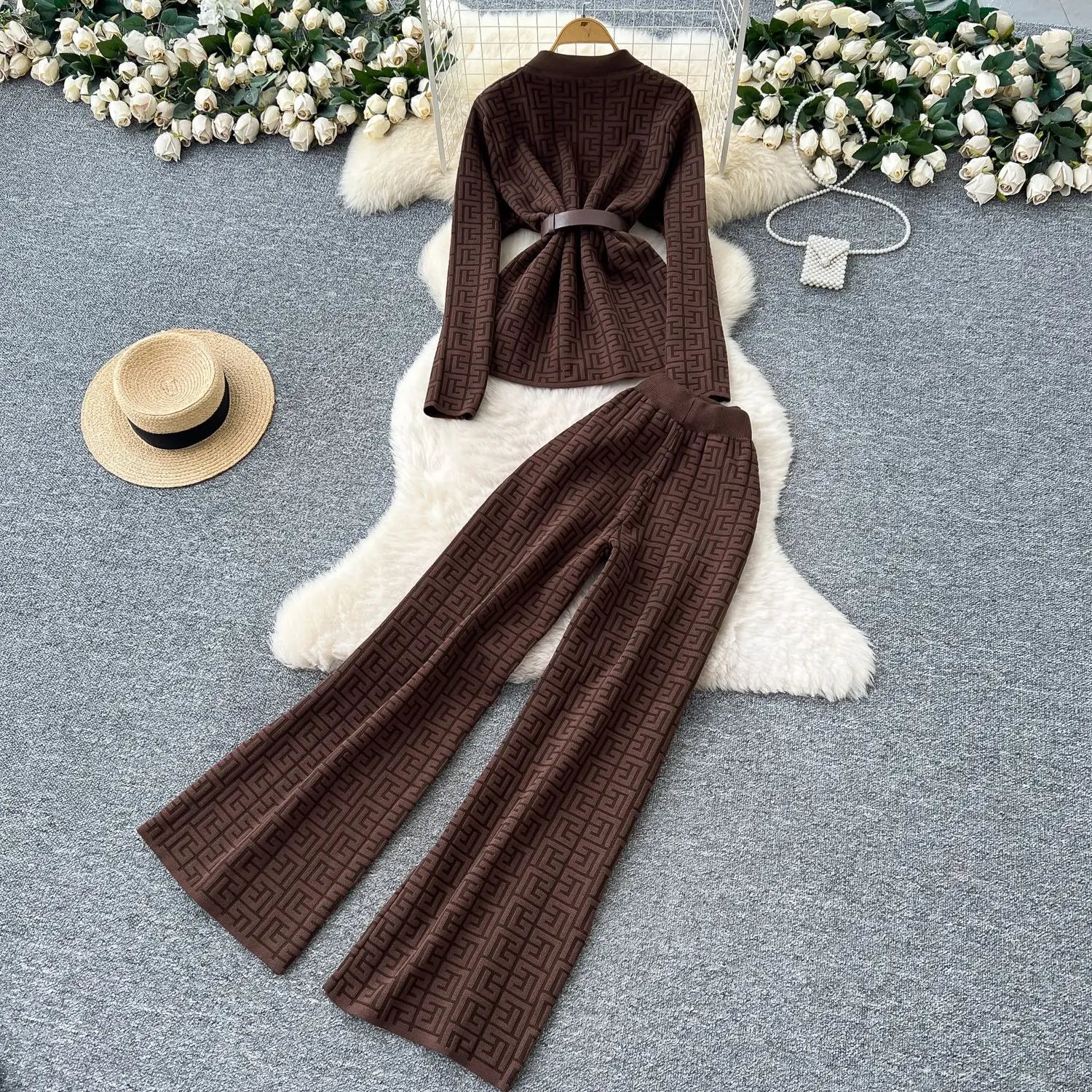 Two Piece Pant Set Turn Down Collar With High Elastic Waist Y2K Streetwear Elegant - SN Wigs & More