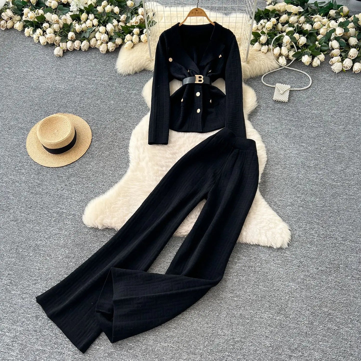 Two Piece Pant Set Turn Down Collar With High Elastic Waist Y2K Streetwear Elegant - SN Wigs & More