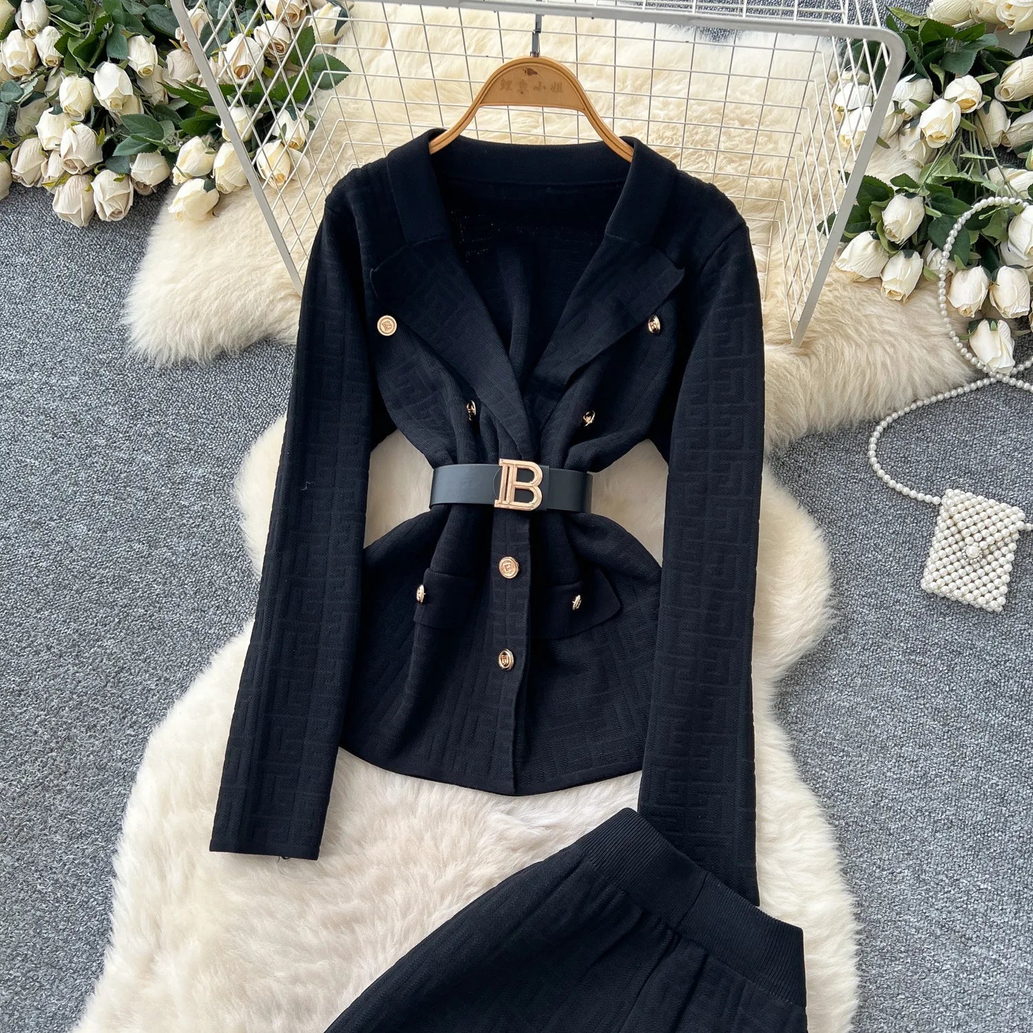 Two Piece Pant Set Turn Down Collar With High Elastic Waist Y2K Streetwear Elegant - SN Wigs & More