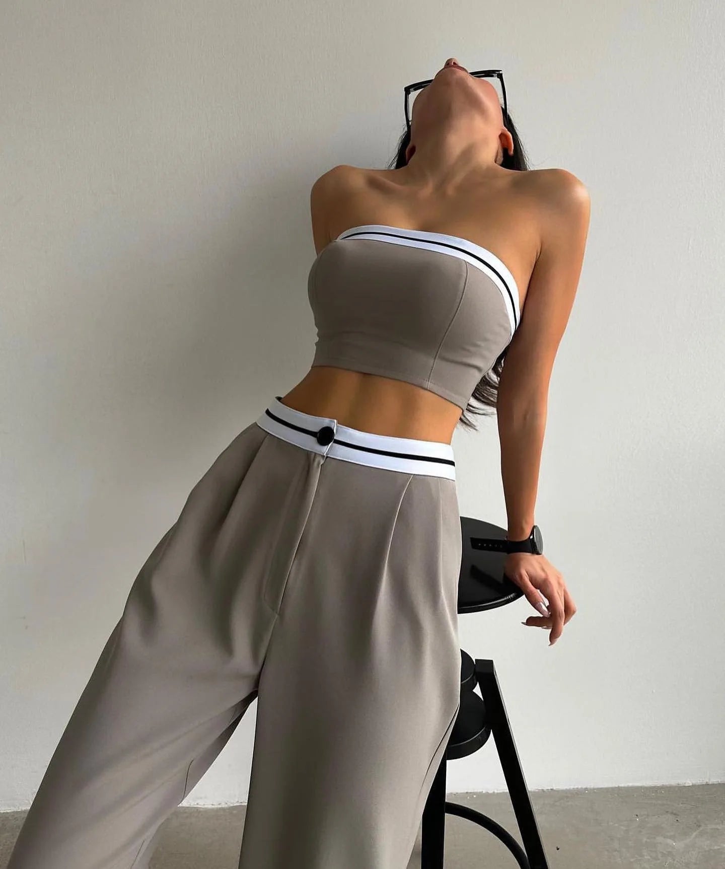 Two Piece Pant Set Vest Strapless High Waist With Pockets Sporty Summer Casual - SN Wigs & More