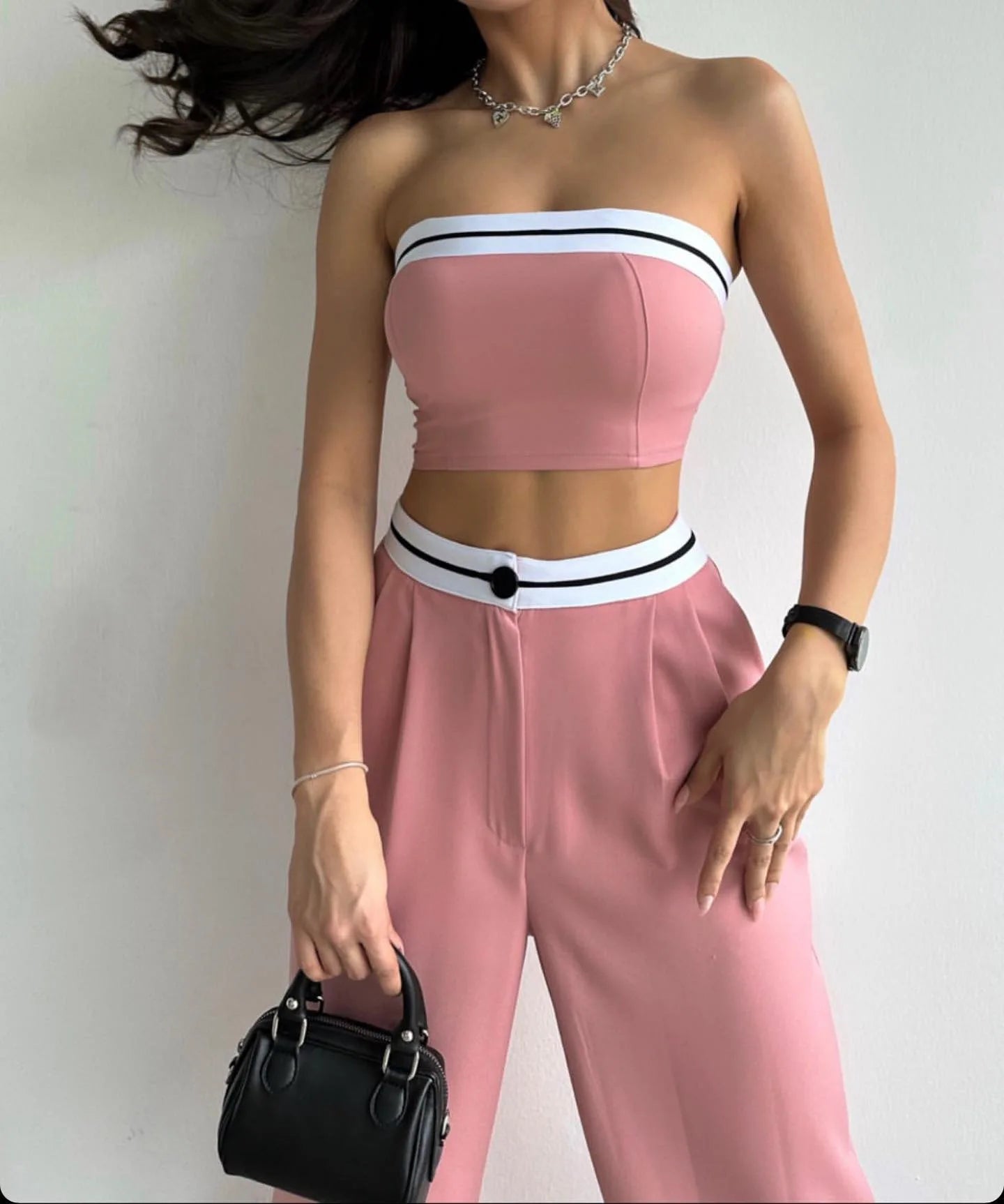 Two Piece Pant Set Vest Strapless High Waist With Pockets Sporty Summer Casual - SN Wigs & More