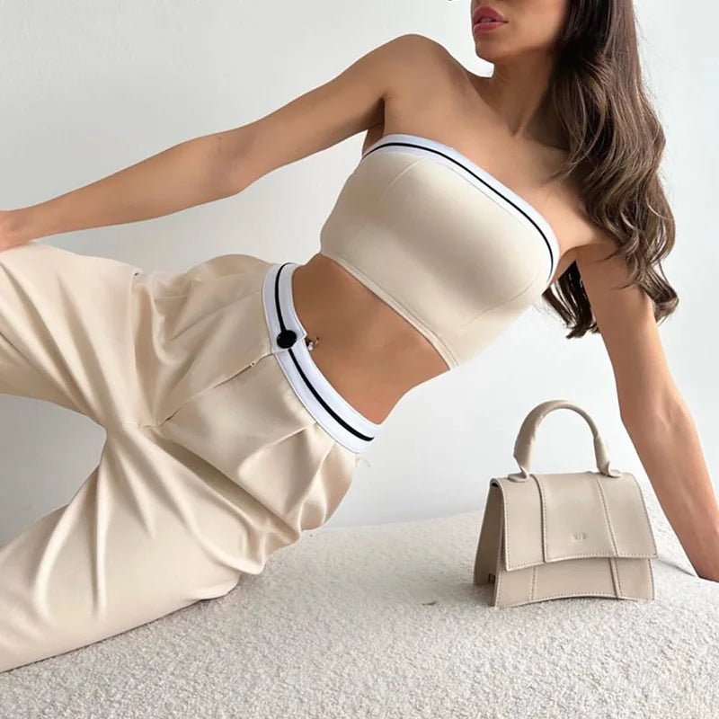 Two Piece Pant Set Vest Strapless High Waist With Pockets Sporty Summer Casual - SN Wigs & More
