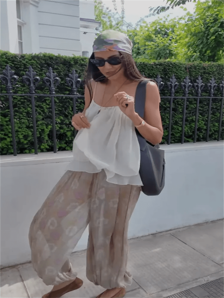 Two - Piece Pant Set With Ruffle Tie - Up Top – Casual Summer Style - SN Wigs & More