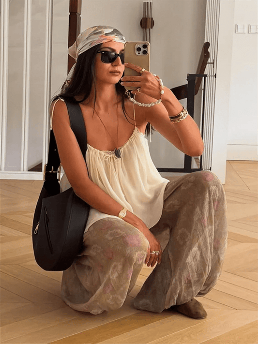 Two - Piece Pant Set With Ruffle Tie - Up Top – Casual Summer Style - SN Wigs & More