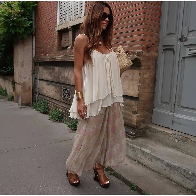 Two - Piece Pant Set With Ruffle Tie - Up Top – Casual Summer Style - SN Wigs & More