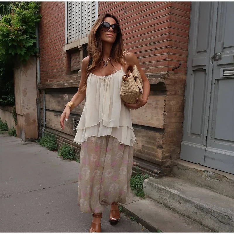 Two - Piece Pant Set With Ruffle Tie - Up Top – Casual Summer Style - SN Wigs & More