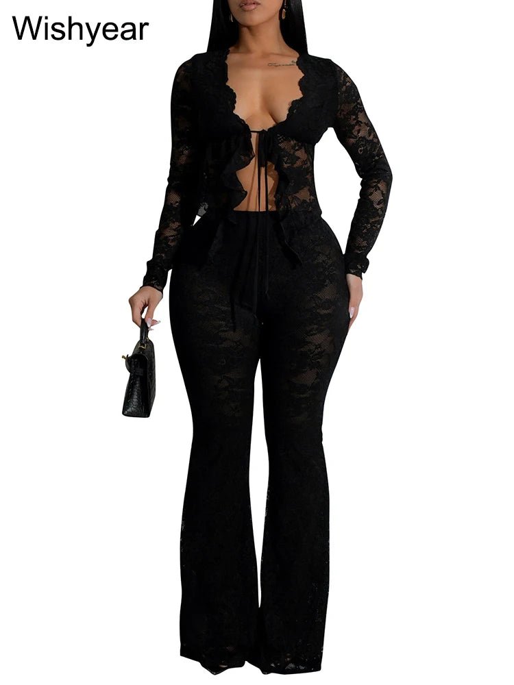 Two - Piece Set - Black Lace Long Sleeve Stretch - Night Club Party Outfit - SN Wigs & More