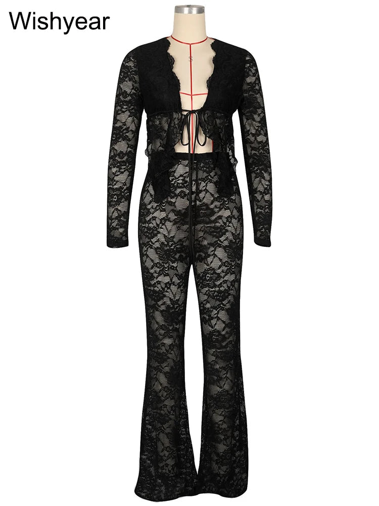 Two - Piece Set - Black Lace Long Sleeve Stretch - Night Club Party Outfit - SN Wigs & More