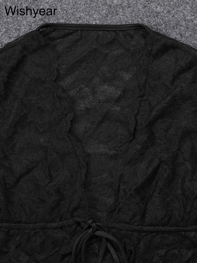 Two - Piece Set - Black Lace Long Sleeve Stretch - Night Club Party Outfit - SN Wigs & More