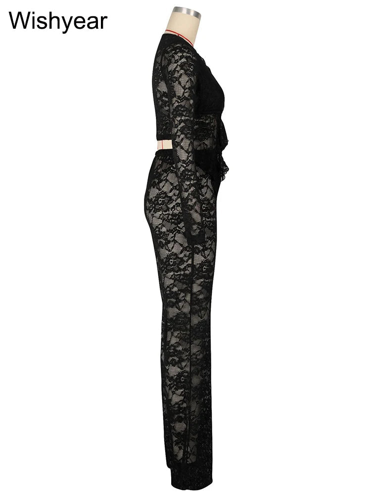 Two - Piece Set - Black Lace Long Sleeve Stretch - Night Club Party Outfit - SN Wigs & More