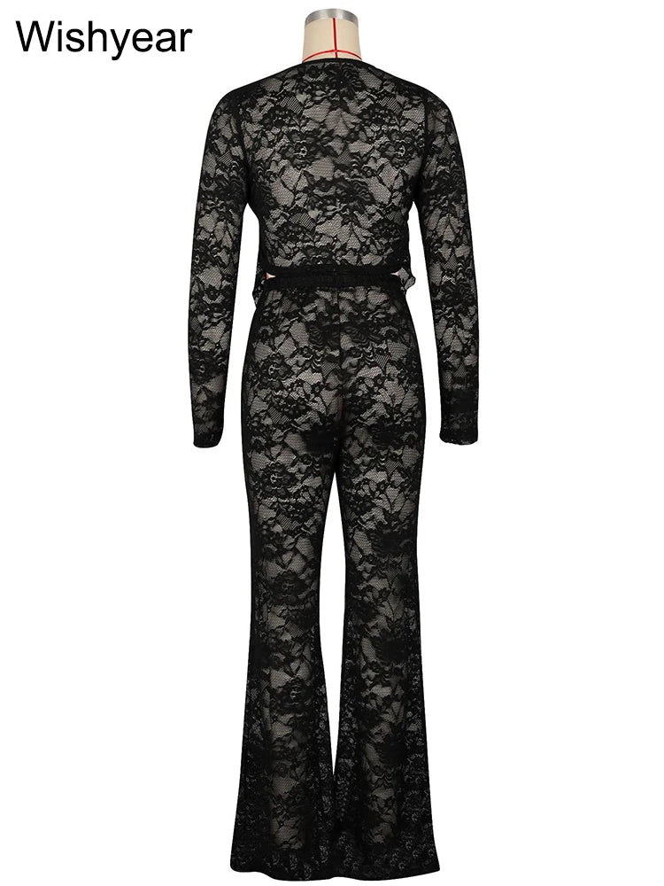 Two - Piece Set - Black Lace Long Sleeve Stretch - Night Club Party Outfit - SN Wigs & More