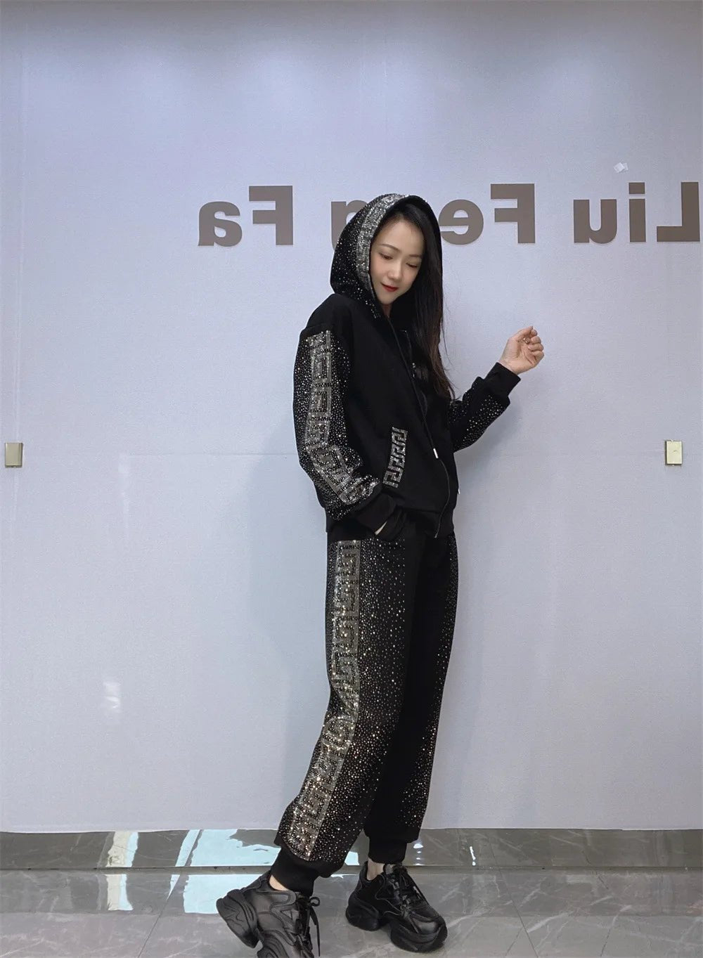 Two Piece Set Diamond Embellished Hoodie Tracksuit Casual Comfortable Athleisure Style - SN Wigs & More