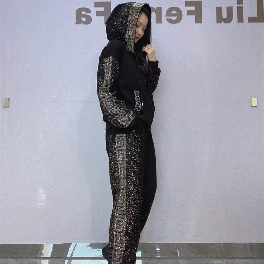 Two Piece Set Diamond Embellished Hoodie Tracksuit Casual Comfortable Athleisure Style - SN Wigs & More