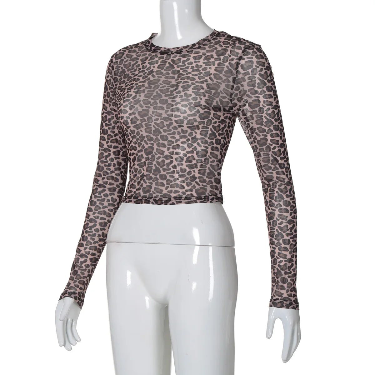 Two - Piece Set Leopard Print Sheer Mesh Top And Sequin Shorts Y2K Style - SN Wigs & More