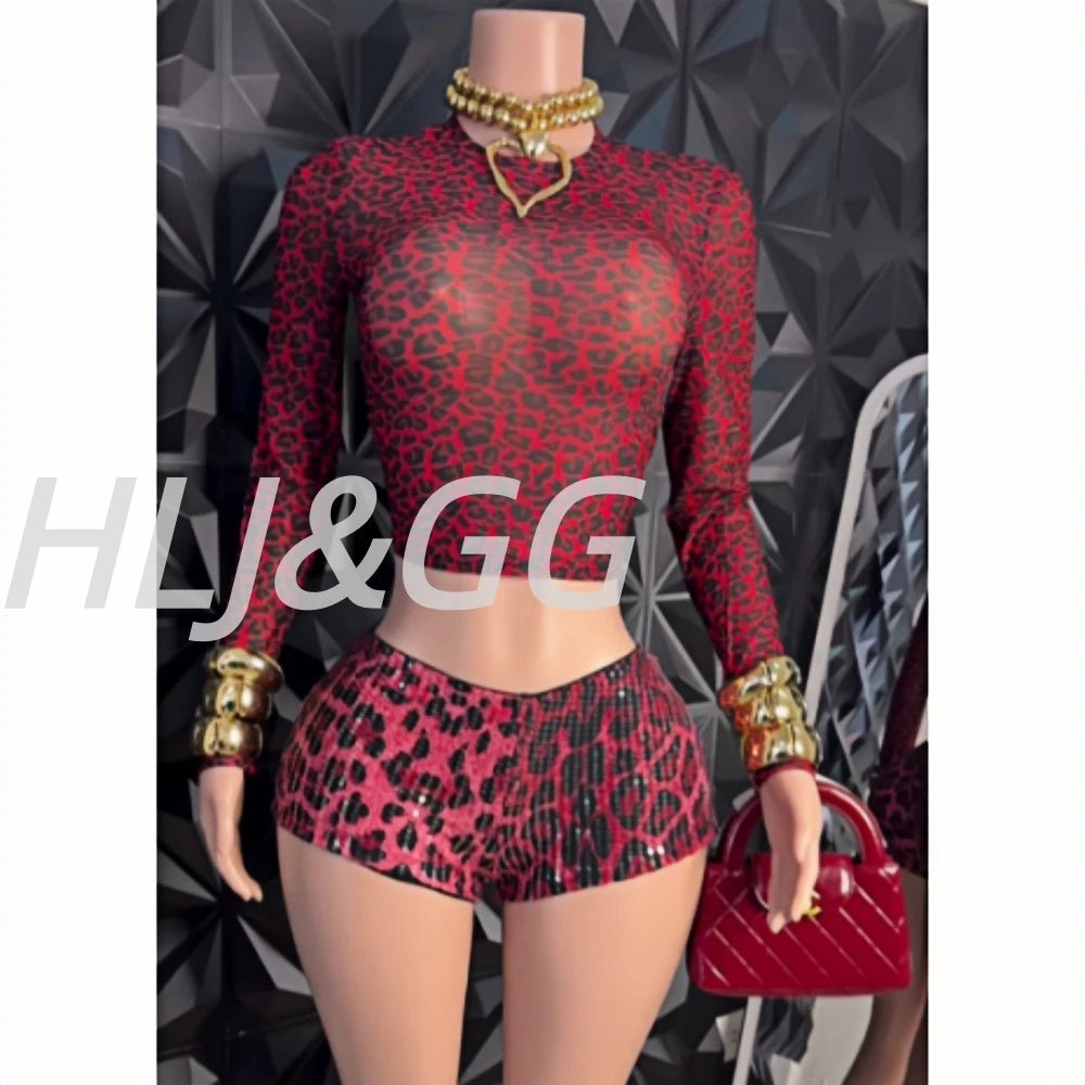 Two - Piece Set Leopard Print Sheer Mesh Top And Sequin Shorts Y2K Style - SN Wigs & More
