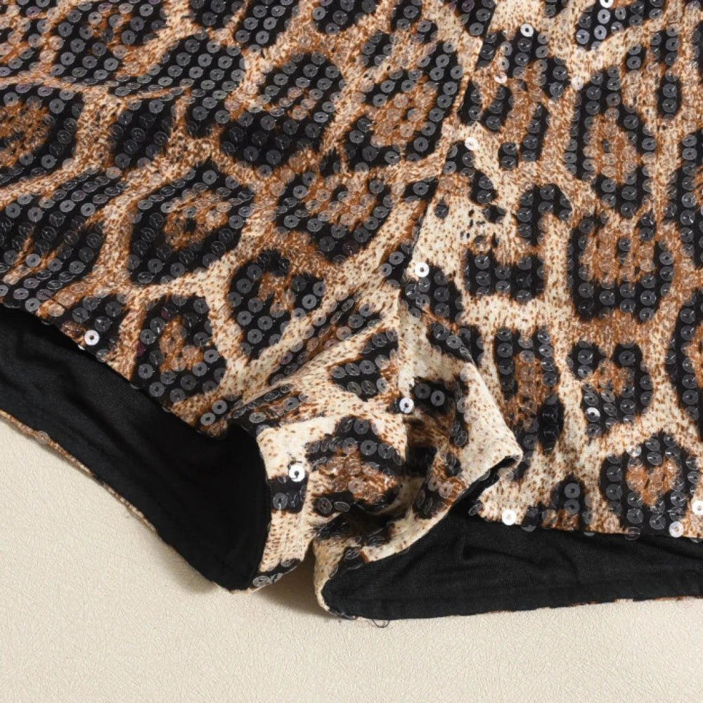 Two - Piece Set Leopard Print Sheer Mesh Top And Sequin Shorts Y2K Style - SN Wigs & More