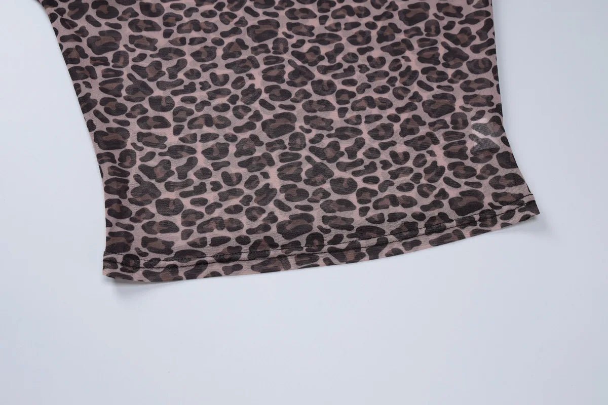 Two - Piece Set Leopard Print Sheer Mesh Top And Sequin Shorts Y2K Style - SN Wigs & More