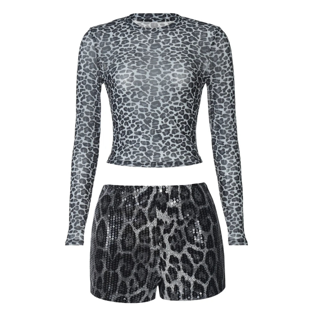 Two - Piece Set Leopard Print Sheer Mesh Top And Sequin Shorts Y2K Style - SN Wigs & More