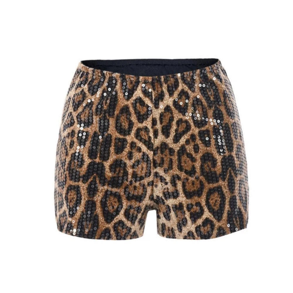 Two - Piece Set Leopard Print Sheer Mesh Top And Sequin Shorts Y2K Style - SN Wigs & More