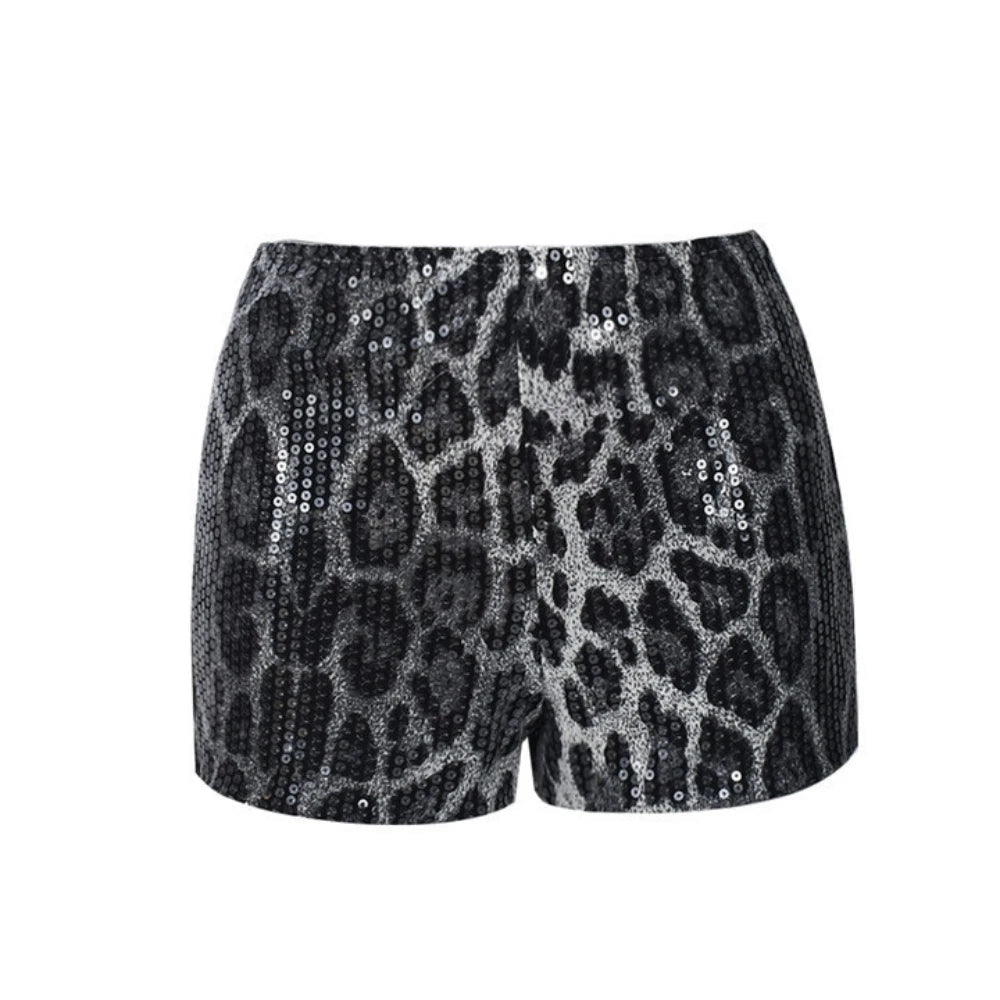 Two - Piece Set Leopard Print Sheer Mesh Top And Sequin Shorts Y2K Style - SN Wigs & More