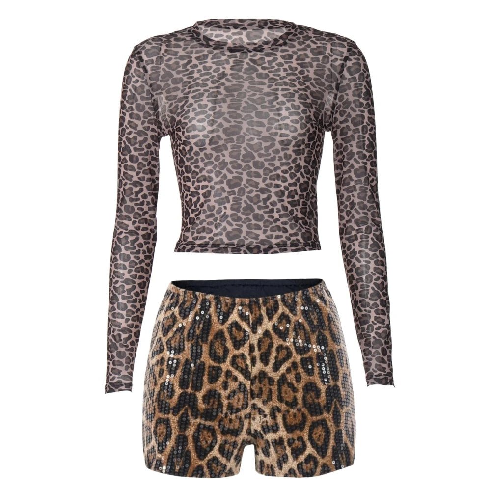 Two - Piece Set Leopard Print Sheer Mesh Top And Sequin Shorts Y2K Style - SN Wigs & More