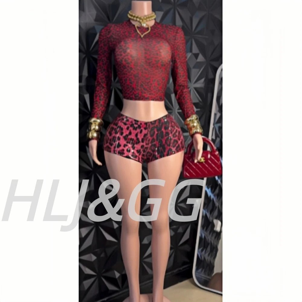 Two - Piece Set Leopard Print Sheer Mesh Top And Sequin Shorts Y2K Style - SN Wigs & More