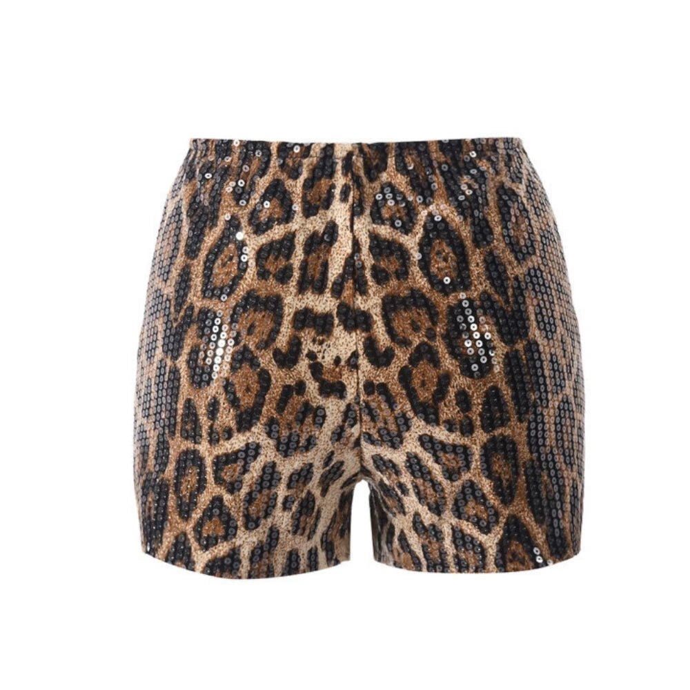 Two - Piece Set Leopard Print Sheer Mesh Top And Sequin Shorts Y2K Style - SN Wigs & More