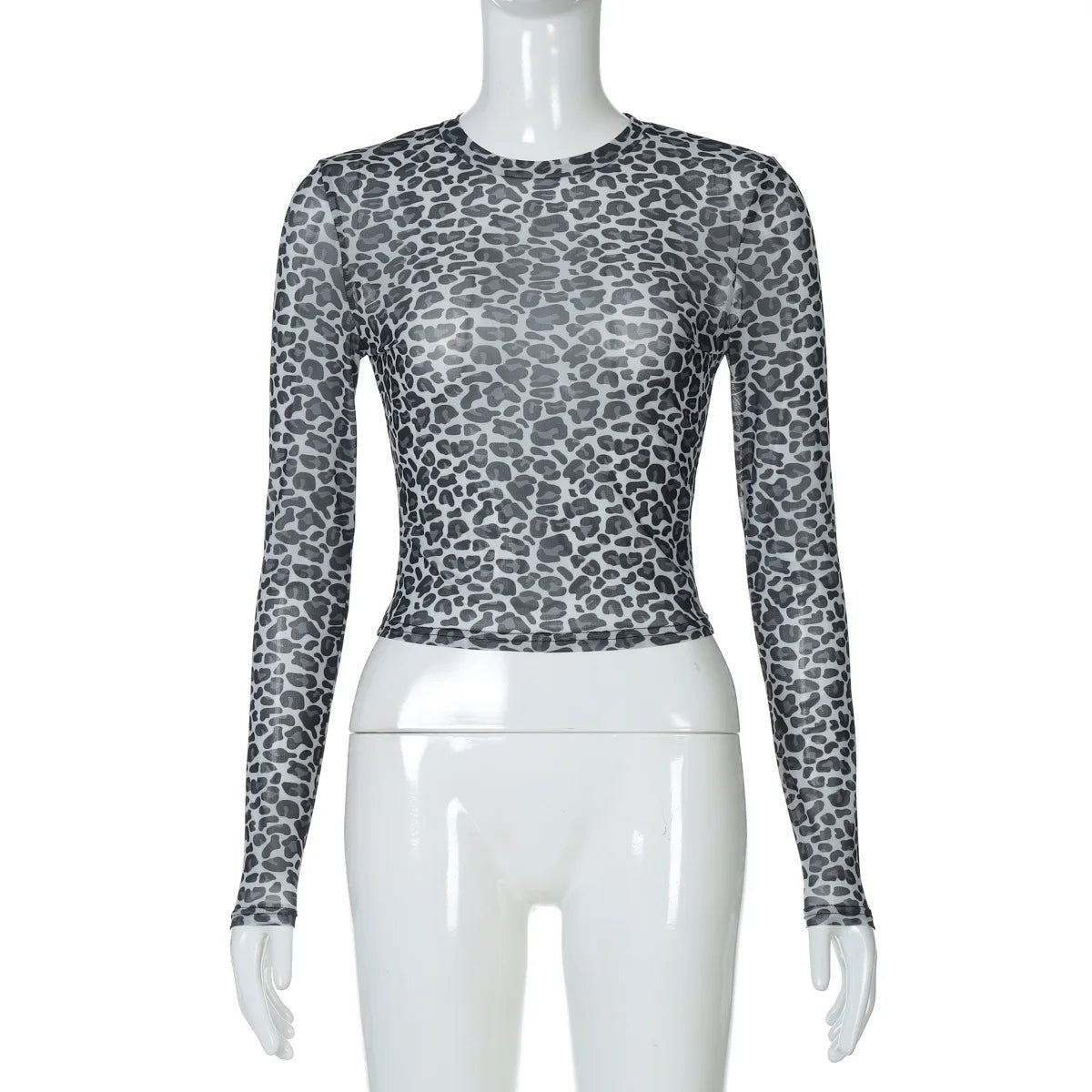 Two - Piece Set Leopard Print Sheer Mesh Top And Sequin Shorts Y2K Style - SN Wigs & More