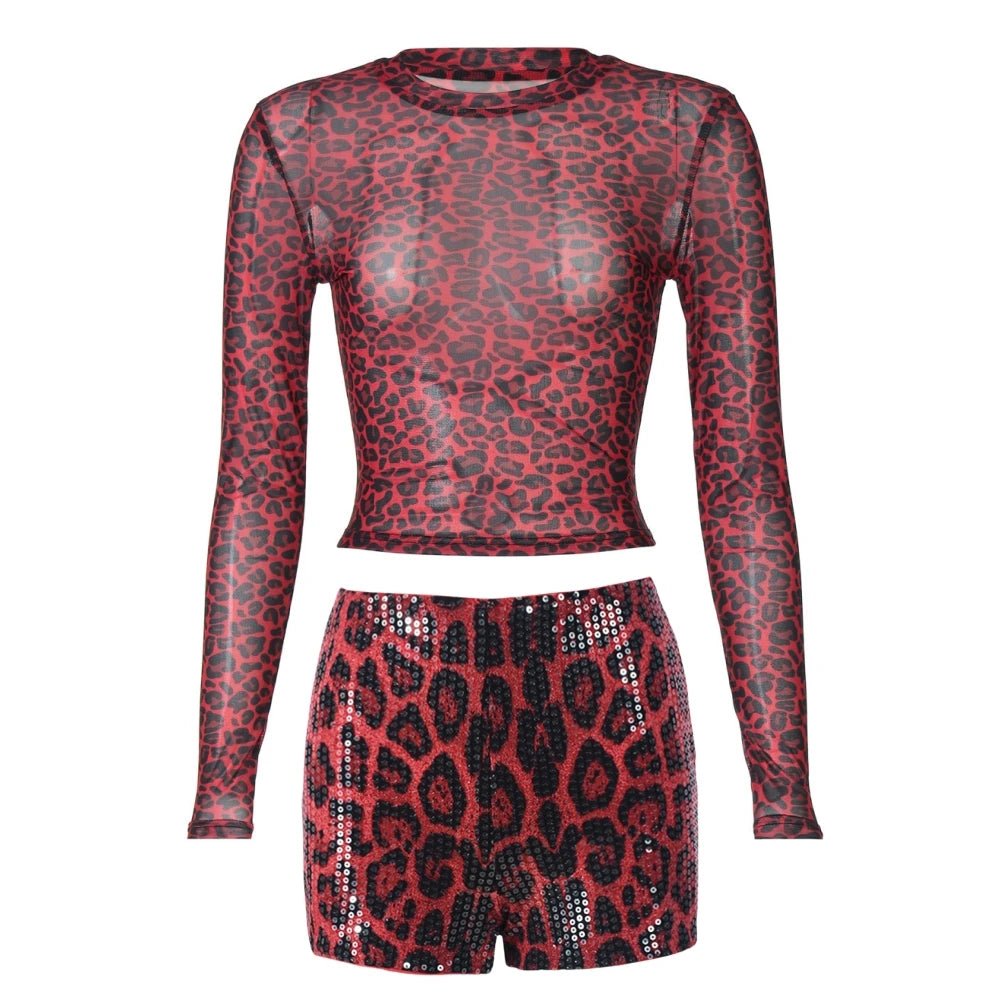 Two - Piece Set Leopard Print Sheer Mesh Top And Sequin Shorts Y2K Style - SN Wigs & More