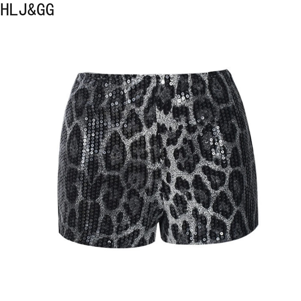 Two - Piece Set Leopard Print Sheer Mesh Top And Sequin Shorts Y2K Style - SN Wigs & More