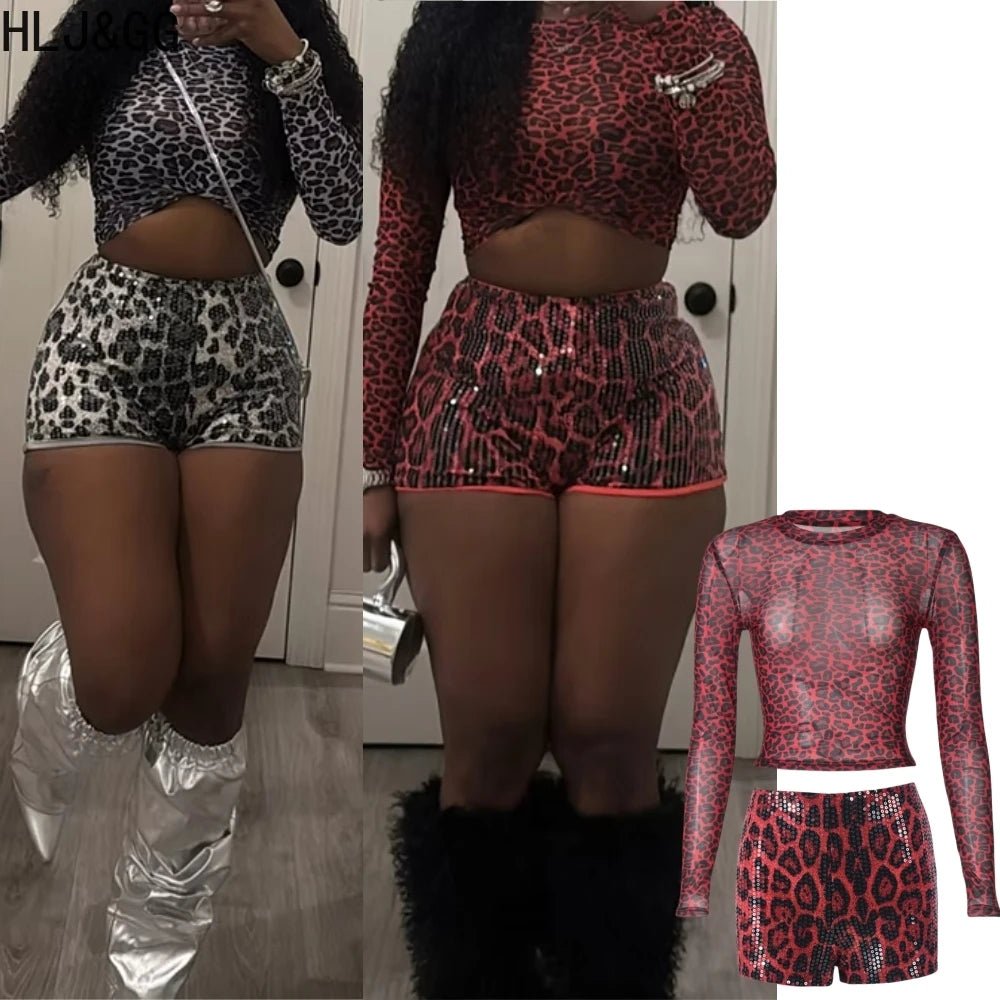 Two - Piece Set Leopard Print Sheer Mesh Top And Sequin Shorts Y2K Style - SN Wigs & More