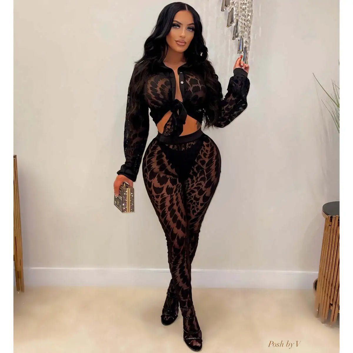 Two Piece Set Mesh See - Through Crop Top And Pants Streetwear - SN Wigs & More