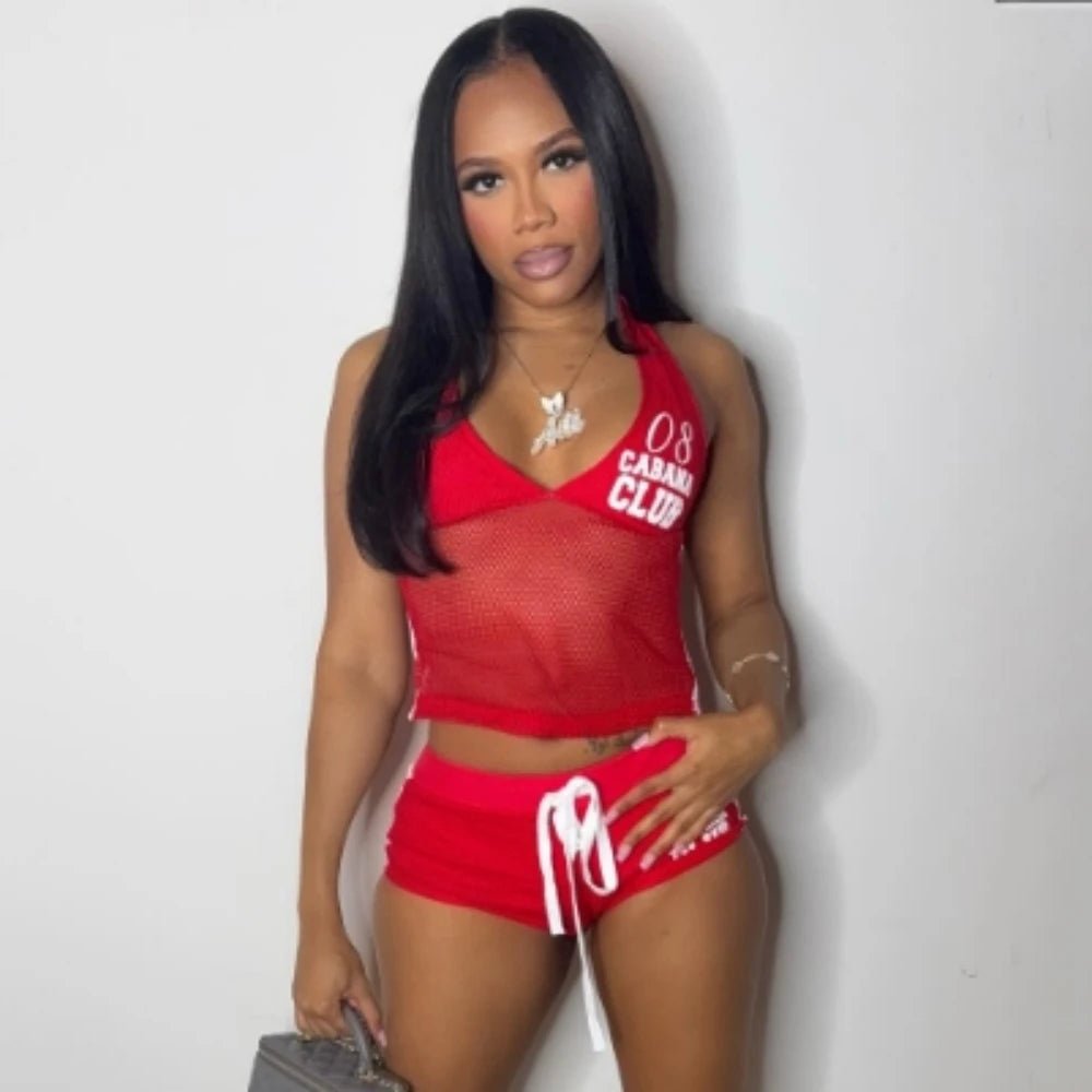 Two Piece Set + Red Mesh Letter Print Halter Crop Top And Drawstring Shorts + Y2K Streetwear - SN Wigs & More