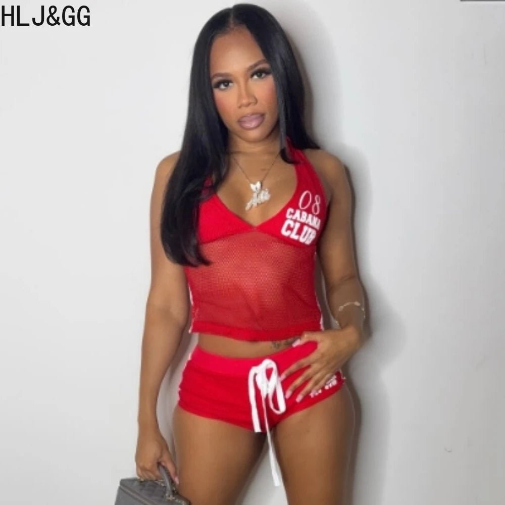 Two Piece Set + Red Mesh Letter Print Halter Crop Top And Drawstring Shorts + Y2K Streetwear - SN Wigs & More