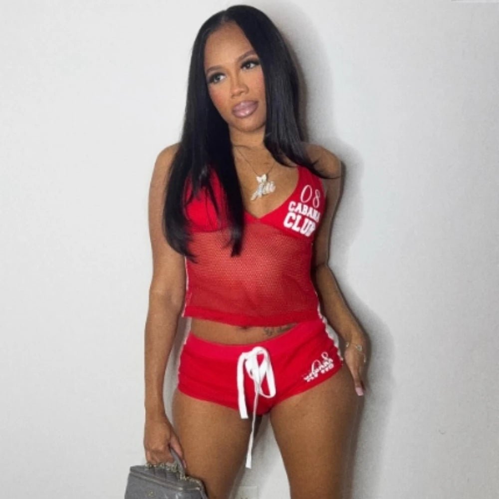 Two Piece Set + Red Mesh Letter Print Halter Crop Top And Drawstring Shorts + Y2K Streetwear - SN Wigs & More
