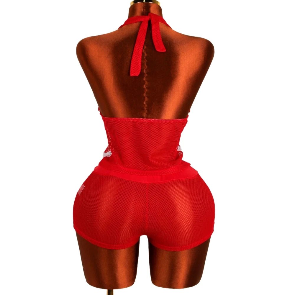 Two Piece Set + Red Mesh Letter Print Halter Crop Top And Drawstring Shorts + Y2K Streetwear - SN Wigs & More
