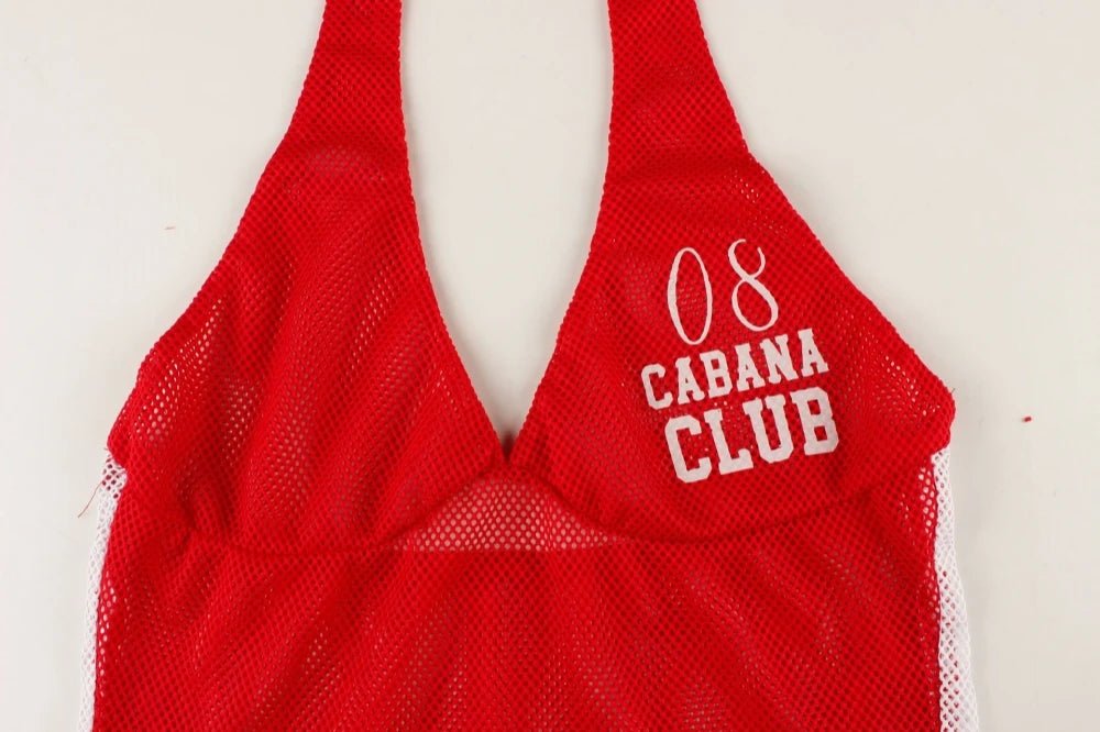 Two Piece Set + Red Mesh Letter Print Halter Crop Top And Drawstring Shorts + Y2K Streetwear - SN Wigs & More