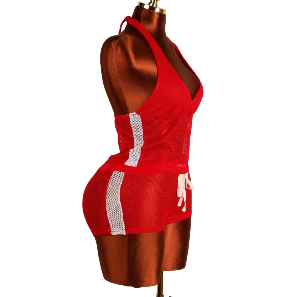 Two Piece Set + Red Mesh Letter Print Halter Crop Top And Drawstring Shorts + Y2K Streetwear - SN Wigs & More