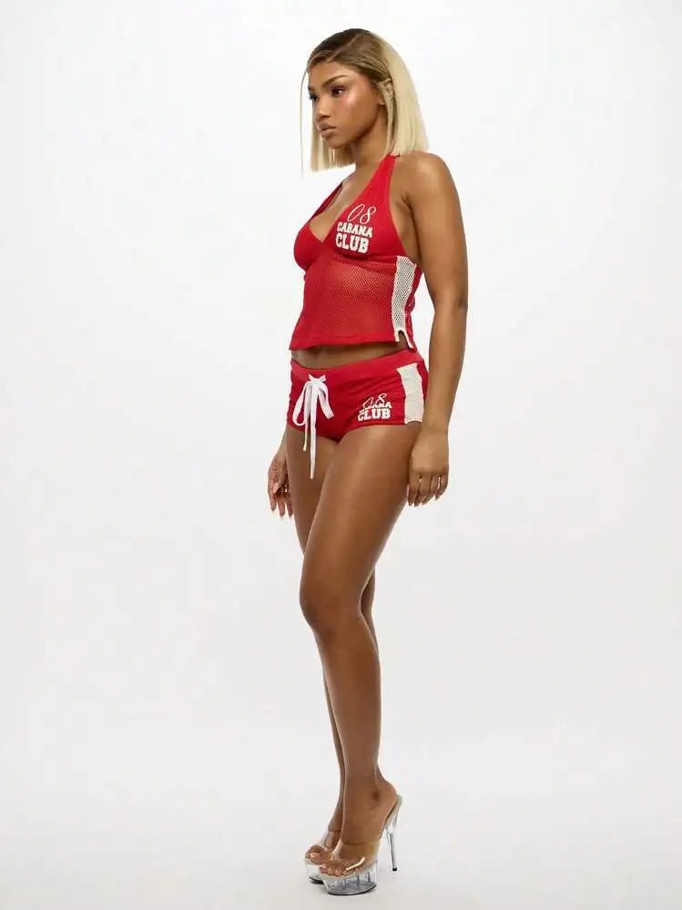 Two Piece Set + Red Mesh Letter Print Halter Crop Top And Drawstring Shorts + Y2K Streetwear - SN Wigs & More